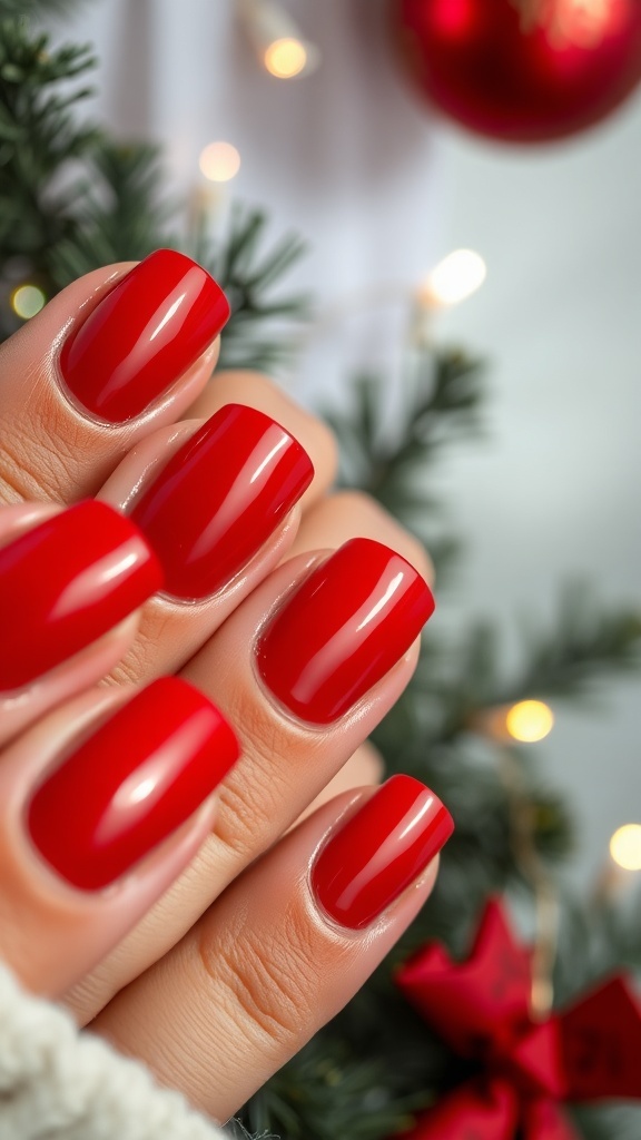 Close-up of red Christmas nails with glossy finish on a festive background.